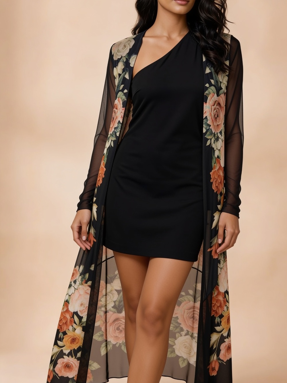 Fashion Nova Black Sheer Floral Long Duster with Peach & Cream Blooms